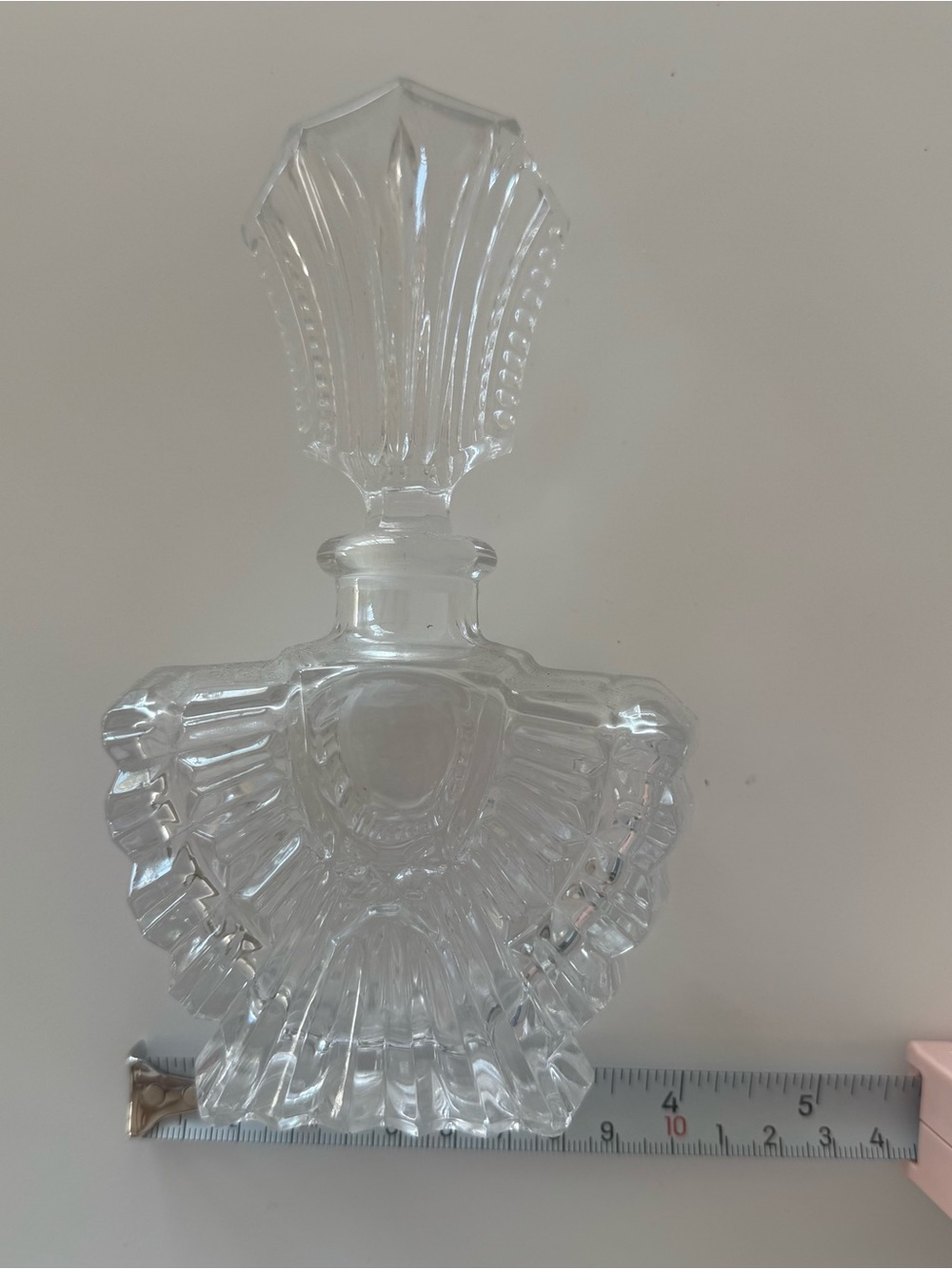 Vintage Art Deco Pressed Glass Clear Perfume Bottle With Fan Style Stopper - Picture 9 of 14